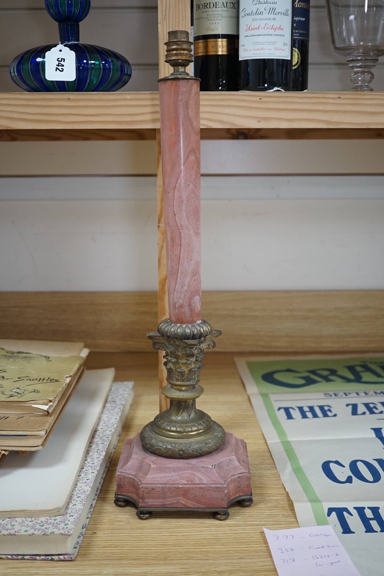 A Corinthian column rouge marble and bronze lamp base, 53cm high overall. Condition - fair